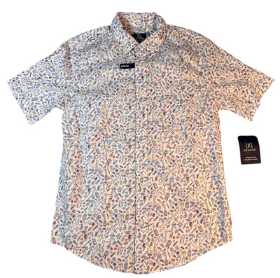 Mens Small Button Down Stretch Shirt Grill Master Hawaiian Burger BBQ Beer Brats