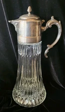 Antique Italian EP Zinc Silverplated Hinged Lid Ribbed Glass 14. 5" Pitcher