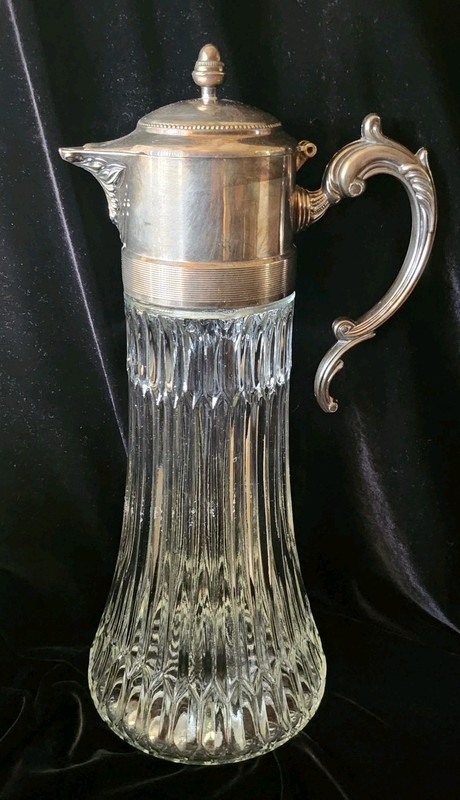 Antique Italian EP Zinc Silverplated Hinged Lid Ribbed Glass 14.5" Pitcher