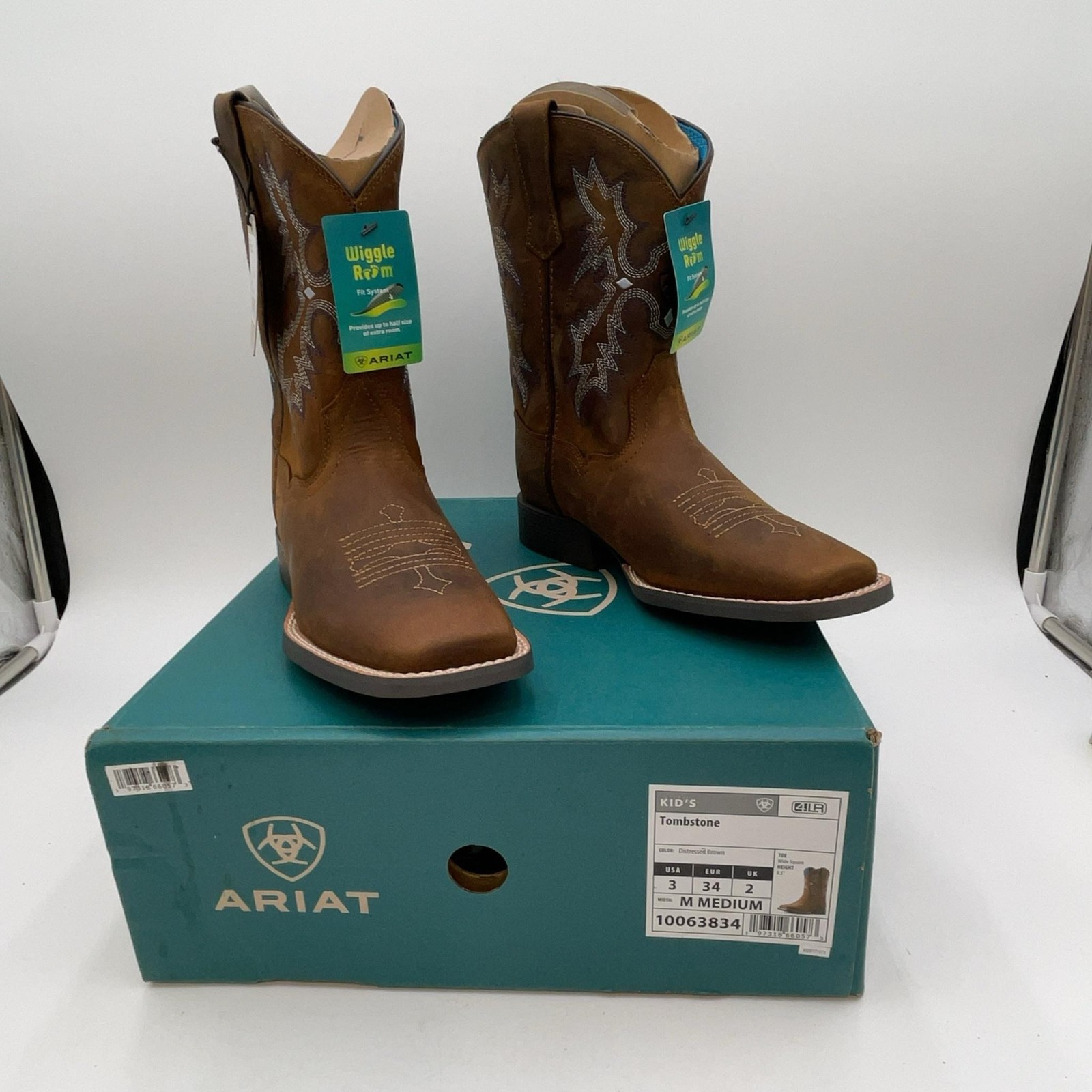 Ariat Tombstone Western Boots Kids Size 3 Distressed Brown Pull On Mid Calf