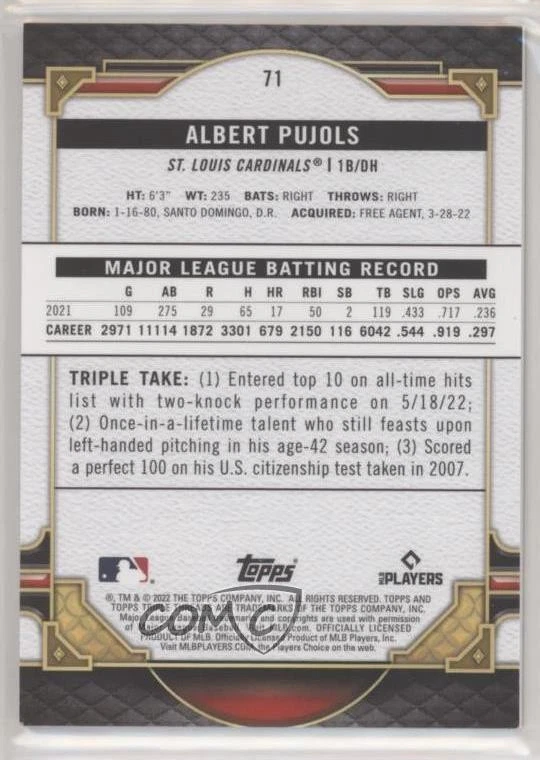2022 Topps Triple Threads Onyx /50 Albert Pujols #71 - Image 2 of 2