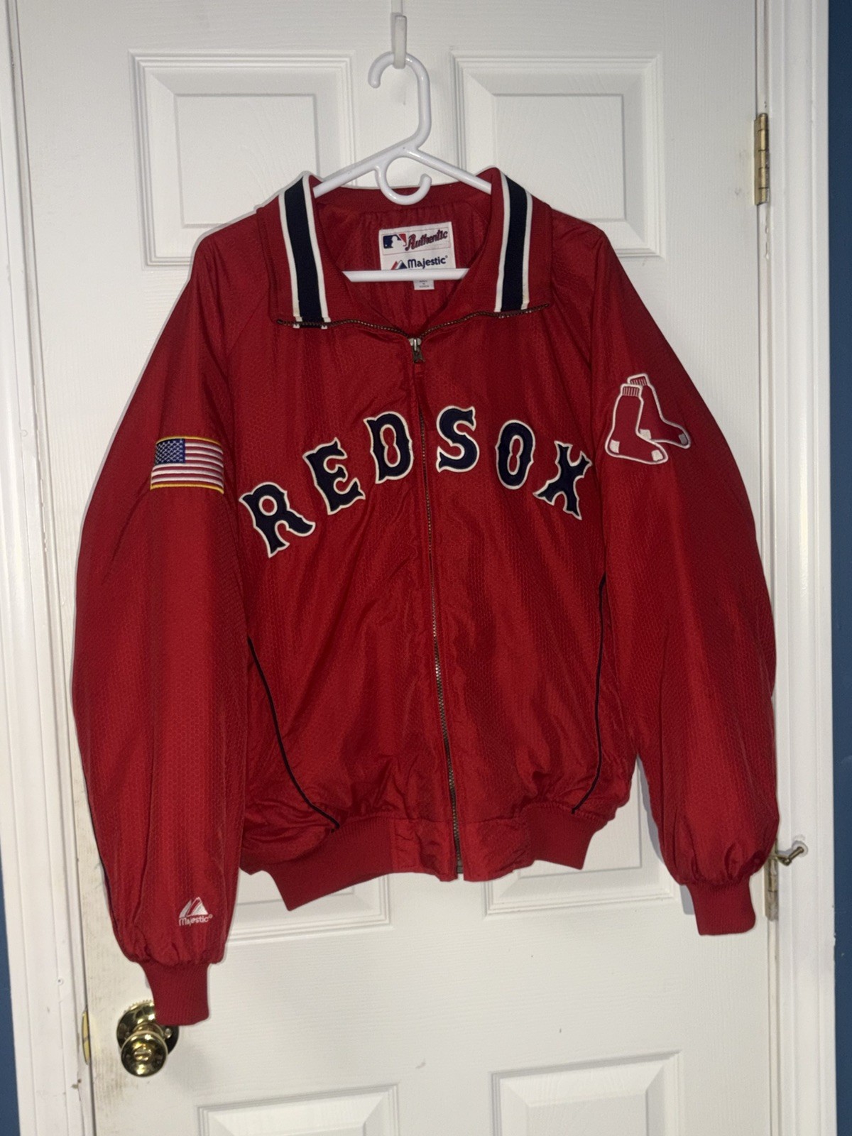 Vintage Boston Red Sox Jacket Mens Large Majestic Authentic Dugout USA Flag Y2K