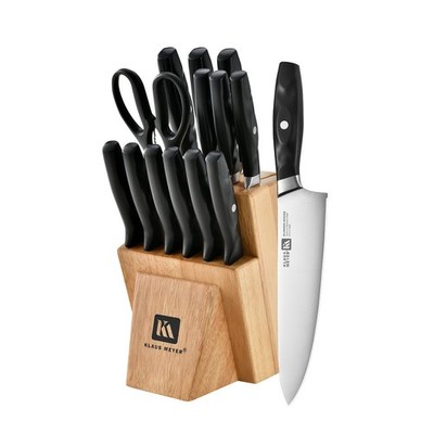 Klaus Meyer 15 Pieces German Steel Knife Set With Block, Dishwasher Safe Cutlery