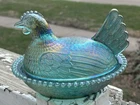 RARE Vtg Indiana Glass 7” Hen on Nest - EVERGREEN CARNIVAL Iridescent- MINT