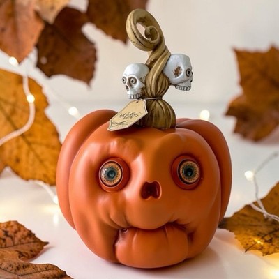 Hallows  Eve Spooky Creepy Pumpkin Skull Stem Bulging Eyes