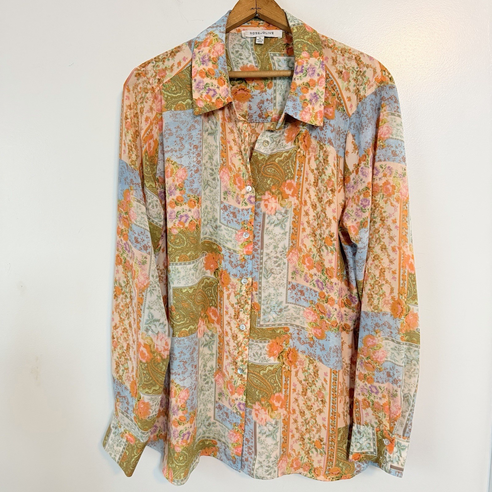 Rose & Olive BOHO Patchwork Arts Button Up Top Si… - image 1