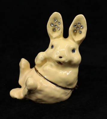 Vintage Kingspoint Snowy Rabbit Trinket Box Crystal Enamel Hinged Easter Decor