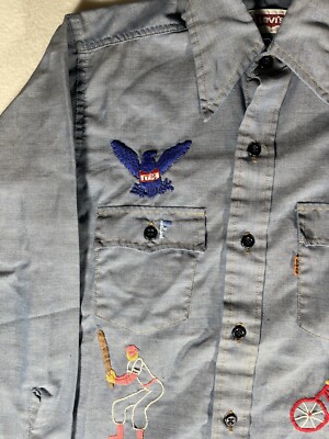 Vintage LEVIS Chambray Shirt 70s Orange Tab USA Sports Horse