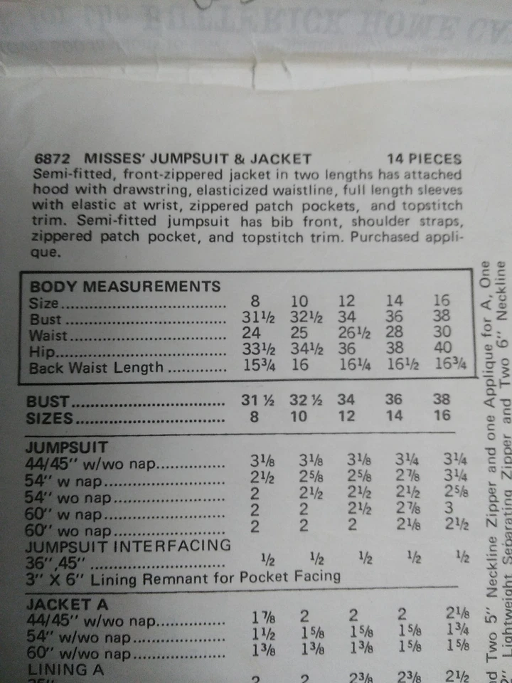 Jumpsuit Jacket Snowsuit Bibs Pants 10 Butterick 6872 Sewing Pattern VTG Winter - Image 4 of 4