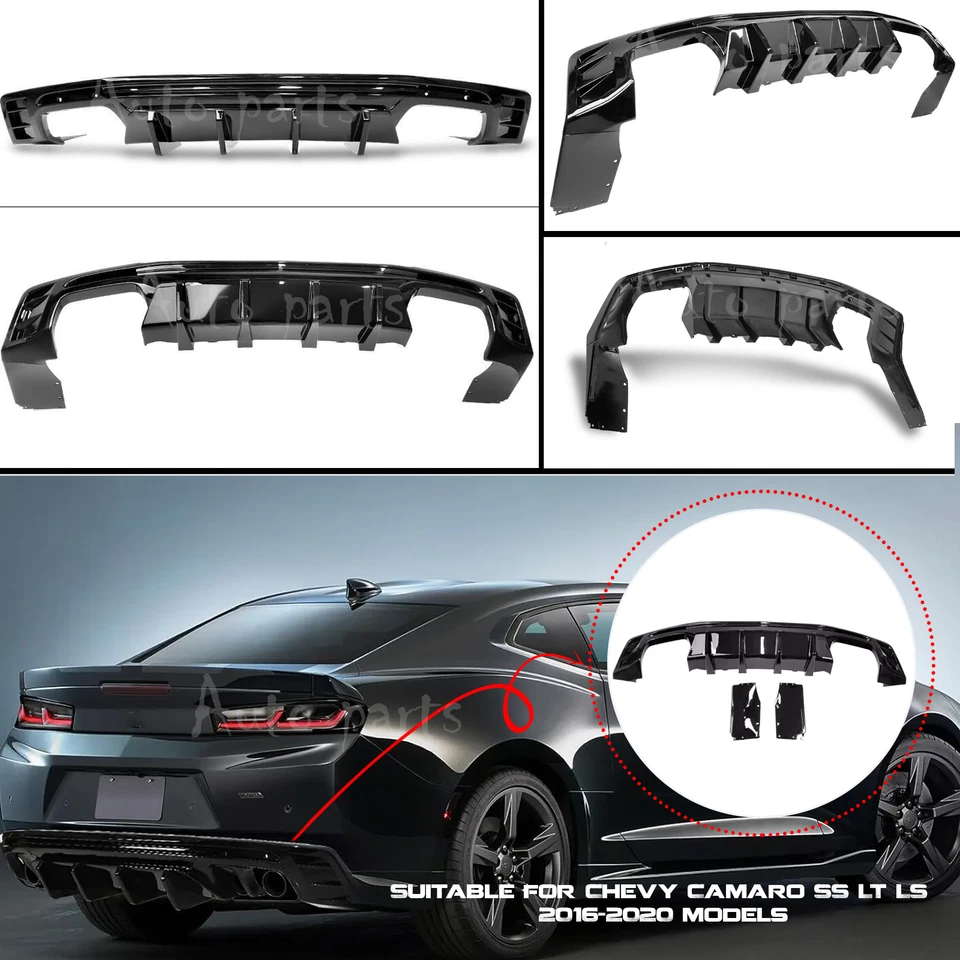 Se adapta a parachoques trasero Chevy Camaro 16-24 difusor labio escape doble/cuádruple negro brillante Foto 4 de 4