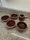 5  Vintage Hull Pottery Brown Drip Items. 1 mug, three 5” bowls and one soup.