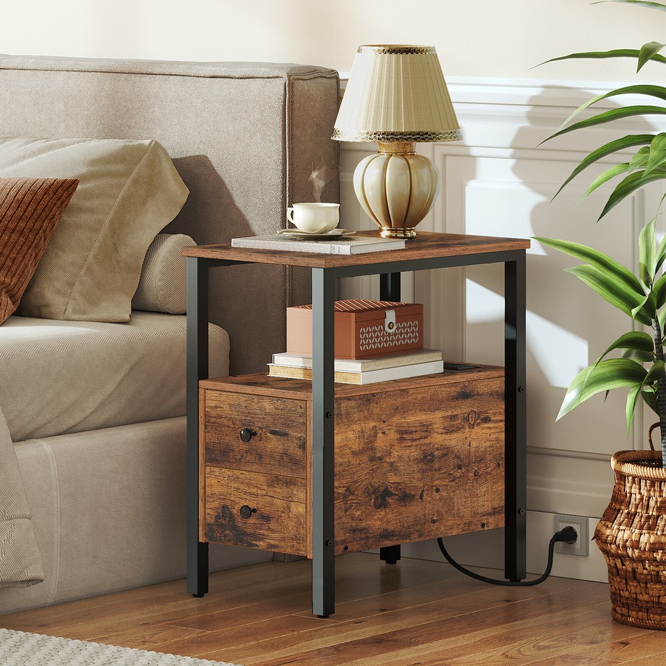 End Table w/Charging Station Side Table Nightstand for Small Space
