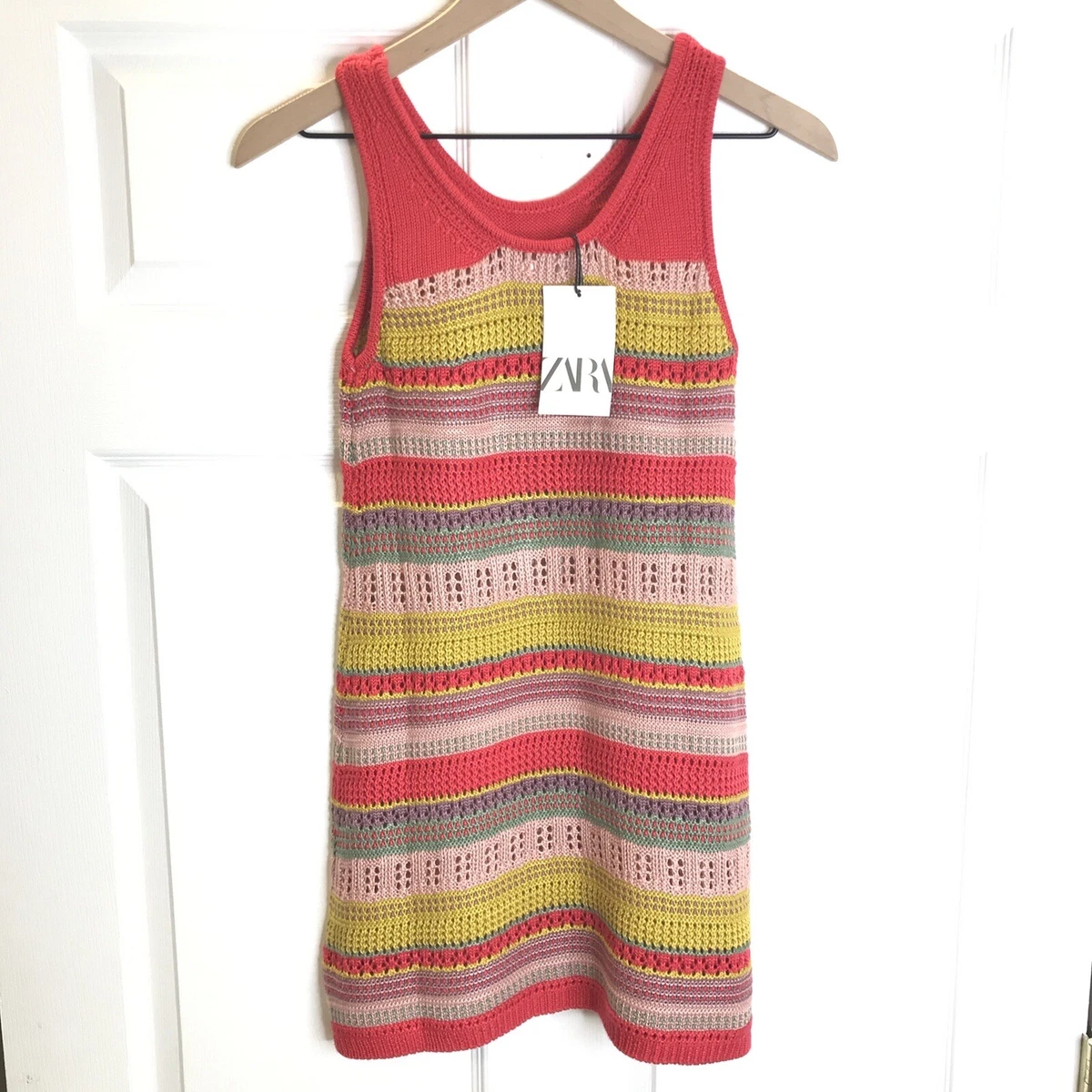 Zara Kids Girls Size L Beach Summer Dress Knit Striped Multicolor Crochet NWT