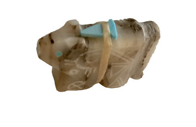 Picasso Marble Wolf W/ Medicine Bundle Turquoise. Carved By Gabe Burns, Zuni