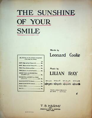 The Sunshine Of Your Smile Sheet Music Lilian Ray Leonard Cooke Piano Vocal 1915
