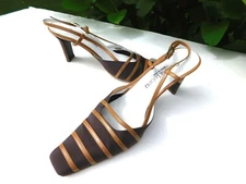 GASTONE LUCIOLI LADIES BROWN & TAN FABRIC & LEATHER SLINGBACK HEELS SIZE 8 /38.5