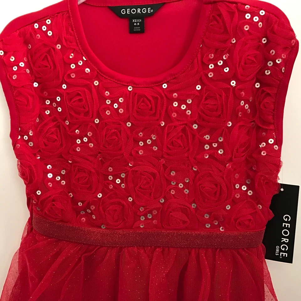 Vestido Tutú George Girls Rojo Lentejuelas Sin Mangas Vacaciones Navidad XS 4/5 NUEVO CON ETIQUETAS   Foto 3 de 4