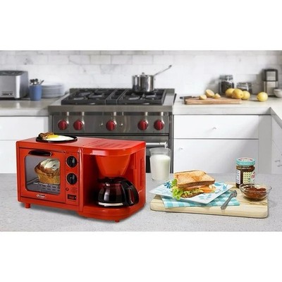 Elite EBK-200R 3-in-1 Mini Breakfast Shoppe, Coffee, Toaster Oven, Griddle