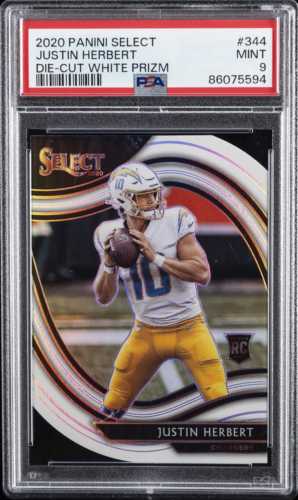 2020 PANINI SELECT DIE-CUT WHITE PRIZM #344 JUSTIN HERBERT PSA 9
