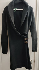 Ralph LAUREN Sweater Dress Medium Charcoal Knit Shawl Collar Faux Wrap Buckle