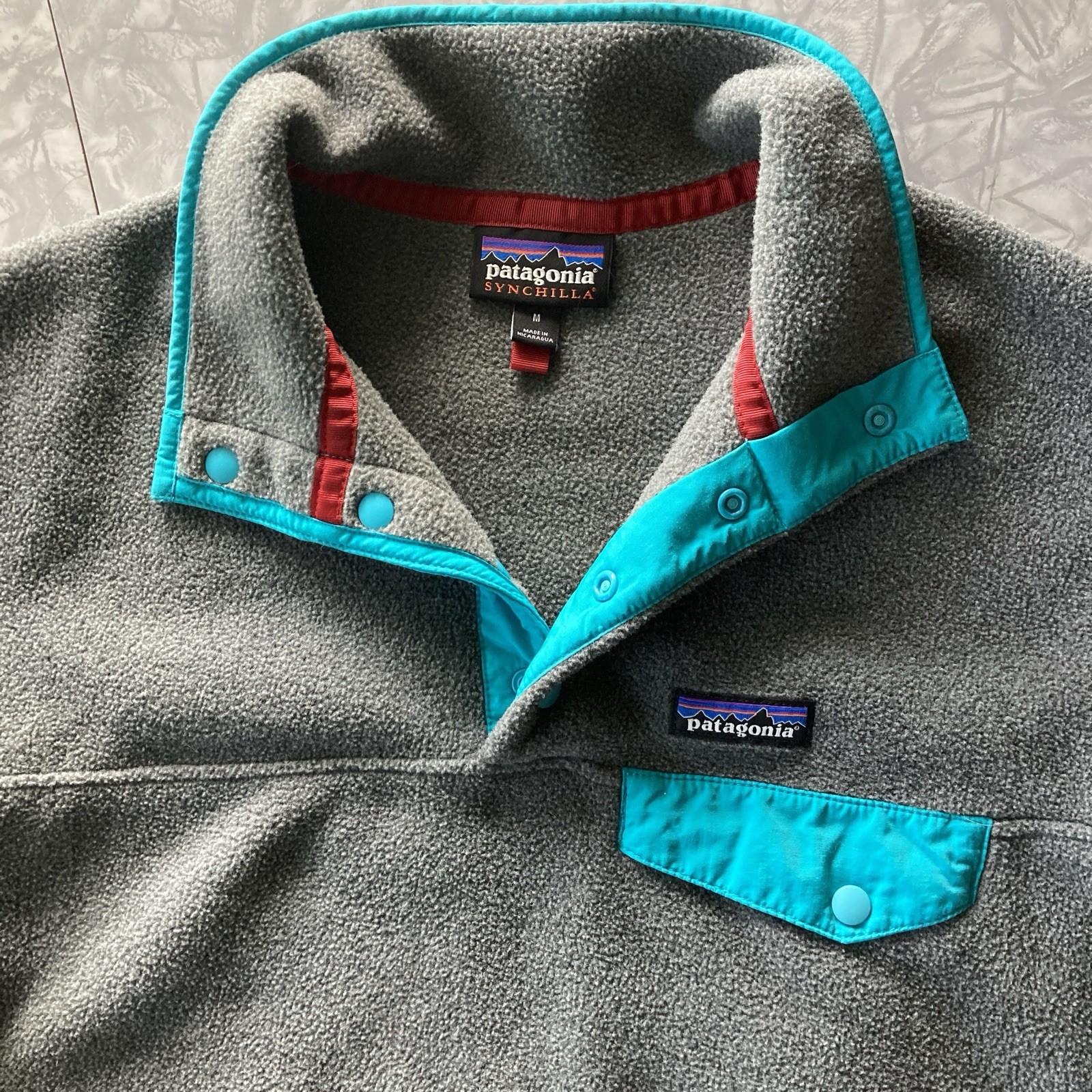 Womens Patagonia Synchilla T snap Fleece Grey Turquoise Green Pullover Medium thumbnail 3