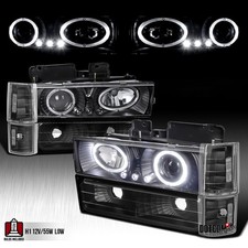 Fit 1994-1999 C10 C/K LED Halo Black Projector Headlights+Bumper Lamp+Corner
