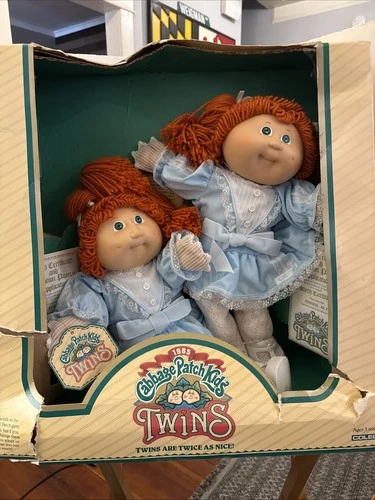 Vintage 1985 Cabbage Patch Kids Twins Girls Red Hair Blue Eyes Lace Dress
