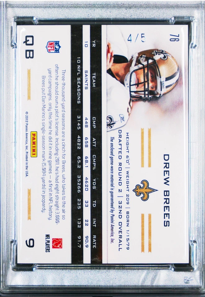 2011 Totally Certified Drew Brees #76 Green Material Prime Patch /5 PSA 8 Saints - Image 2 of 2