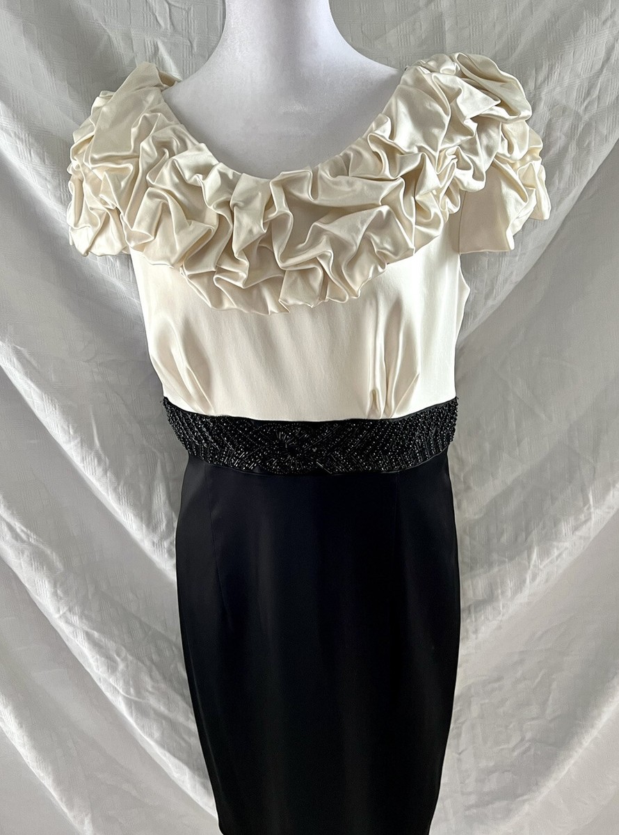 CHETTA B Evening Formal Cocktail Holiday dress Cream Ruffles Black Size 14