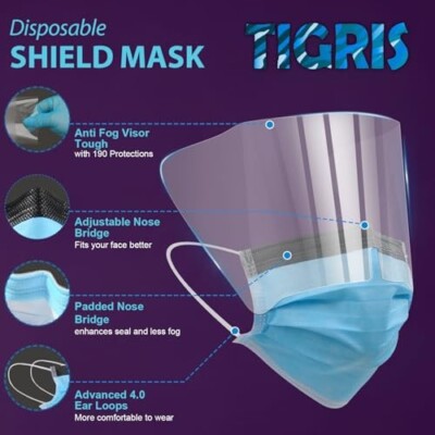 TIGRIS Anti-Fog Level 3 Earloop Mask with Clear Shield Mask Breathable