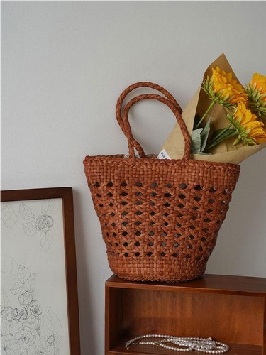 Women's Hand-Woven Genuine Leather & Rattan Handbag | Bamboo Handle Tote Bag - Picture 2 of 11