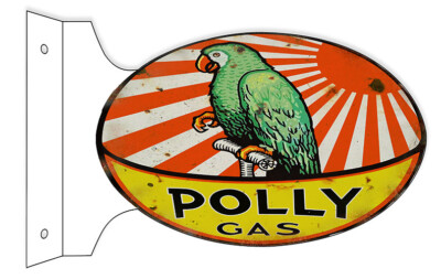POLLY GASOLINE GREEN PARROT 18'' HEAVY DUTY USA METAL DOUBLE SIDED GAS ADV SIGN
