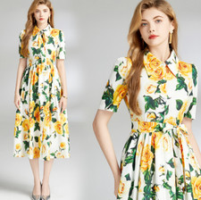 Womens Dress Summer New Temperament Floral Printed Shirt Long Dress Lapel Collar