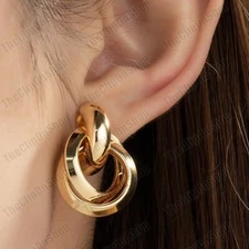 CLIP ON RETRO 3cm GOLD TONE knot EARRINGS double ring CLIPS non-pierced ears UK