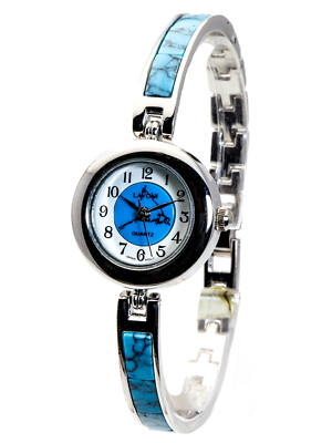 LAVONI:WOMENS' TURQUOISE HALF BANGLE LINK SILVER FINISH ROUND CASE ANALOG WATCH