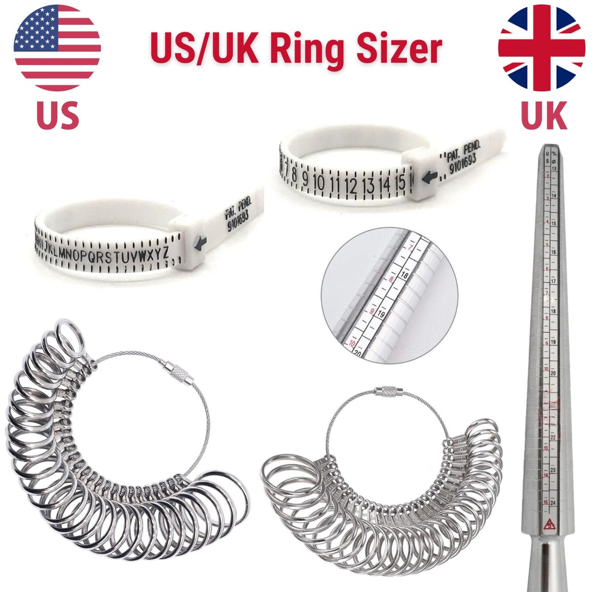 UK US Ring Sizer Measure Gauge For Wedding Ring Band Engagement Ring - Main Image