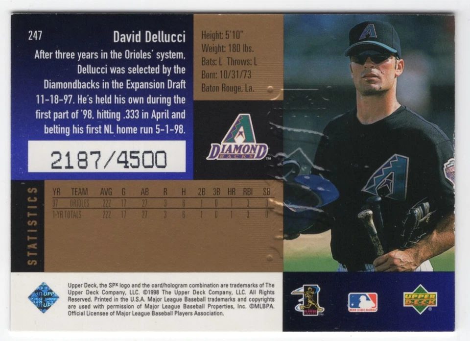 1998 SPx Finite Radiance David Dellucci 2187/4500 Arizona Diamondbacks #247 - Image 2 of 2