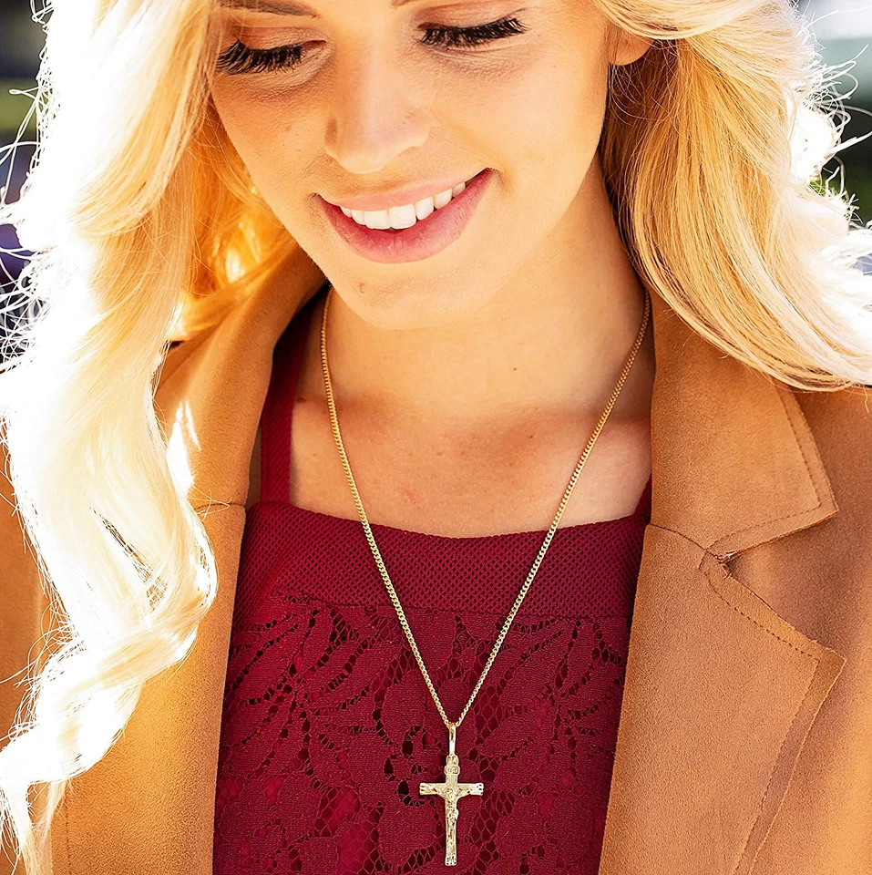 INRI Crucifijo Chapado en Oro 24k Cruz Jesús Colgante Collar Regalos para Mujeres Hombres Foto 4 de 4