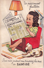 B054 Novelty Pull Out Saint Die France Girl Newspaper Dog 1952 postcard