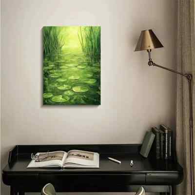 Serene Emerald Green Water Grass Meadow Painting Metal Print Ready to Hang