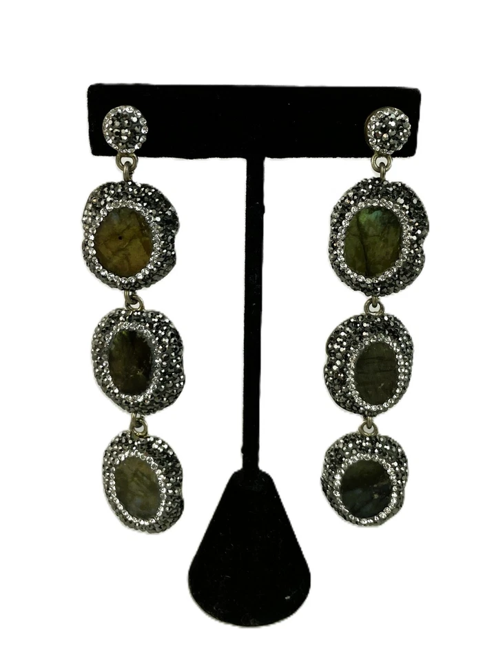 TRUVA Fiery LABRODITE MARCASITE CRYSTAL Sterling Silver 925 Drop Dangle Earrings - Image 2 of 4