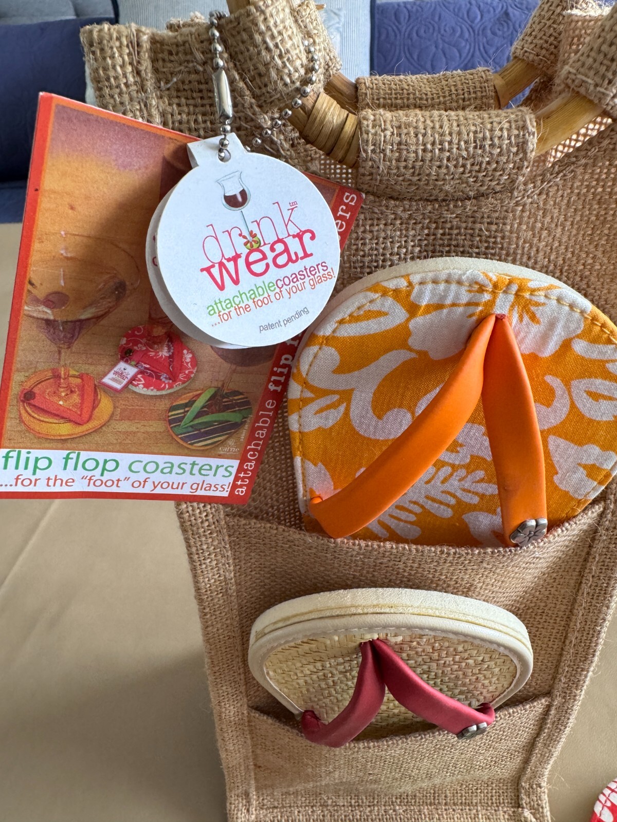 Drink Wear Set of 6 Attachable Flip-Flop Coasters w/Burlap Wine Bottle ...