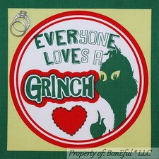 BonEful Fabric Cotton Quilt Red Green White Dr Seuss Grinch Face Xmas L Applique