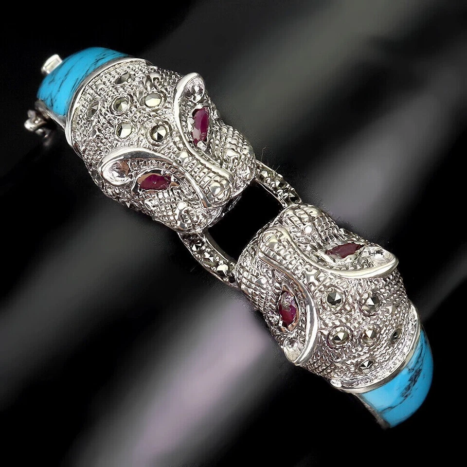 Silver Bangle Turquoise Ruby Marcasite Genuine Gems Solid Sterling 6 1/8 Inch - Image 3 of 4
