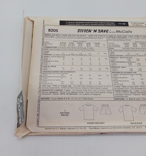 McCall's Easy Stitch n Save Pattern 8205 Size A XS S M Misses Mens T Shirt Short - Picture 3 of 5