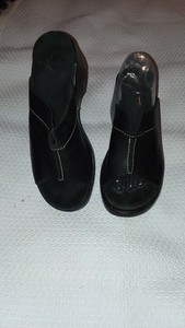 black leather platform slides