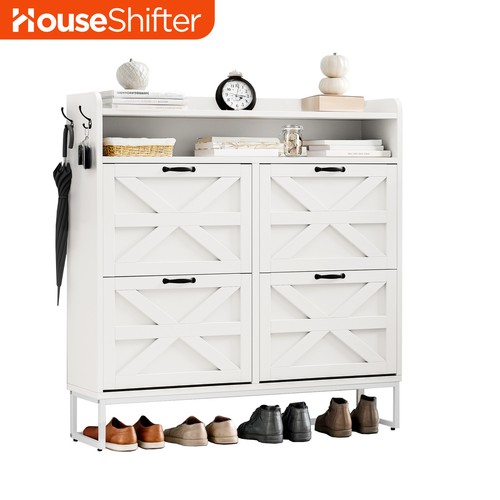 24 Pairs Shoe Storage Cabinet Farmhouse Sneaker Rack Organizer w/ 4 Flip Drawers