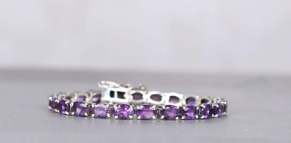 Brazalete de tenis ovalado amatista púrpura natural platino sobre plata de ley 6,5 pulgadas Foto 2 de 4