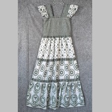 Zoey Leelo Smocked Tiered Maxi Dress Womens Small White Green Cottagecore Floral