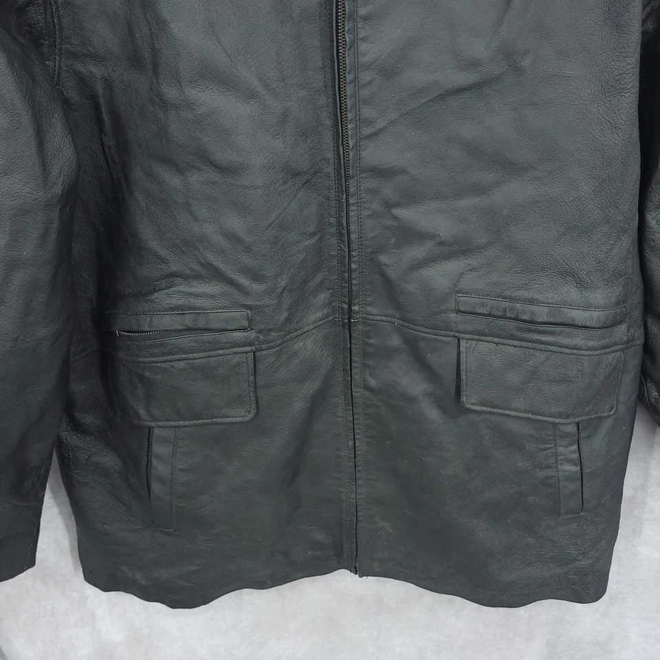 Excelled Jacket Mens XL Black Leather Full Zip Faux Fur Lined Moto Bomber Vtg - Image 2 of 4